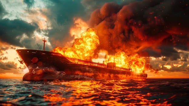 Cargo ship burning on fire with large scale smoke. A ship carrying crude oil is engulfed in flames. AI generated
