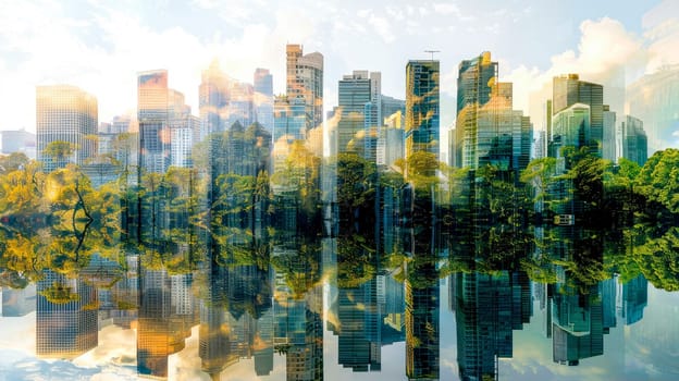 Double exposure with modern buildings and forest lush, concept of technology and nature stay together. AI generated