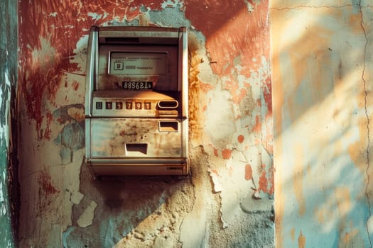 Damaged, abandoned retro ATM, out of order destroyed cash machine. Financial crisis abstract concept. AI generated