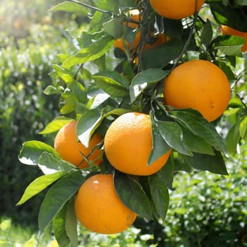 Citrus branches with organic ripe fresh oranges tangerines growing on branches with green leaves in sunny fruiting garden.