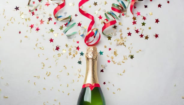 Champagne bottle with confetti stars and party streamers on white festive background. Christmas, birthday or wedding concept. Flat lay.