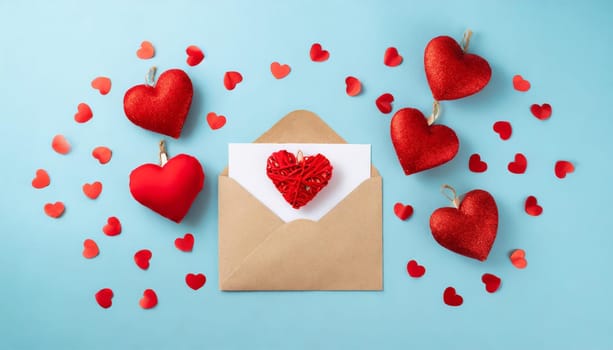 Valentine day greeting concept. Envelope and red hearts on blue background top view. Flat lay.