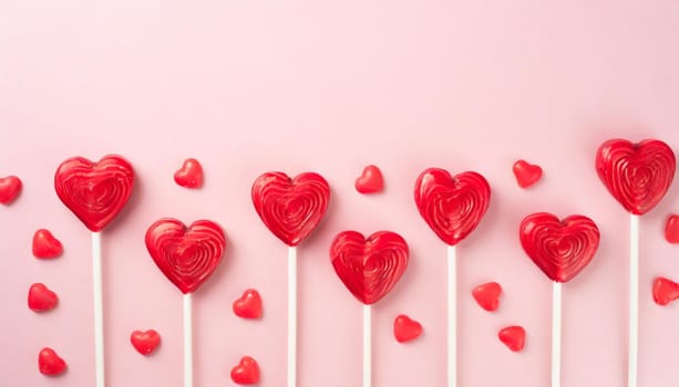 Valentine day concept with red lollipop hearts on pastel pink background top view. Flat lay greeting card..