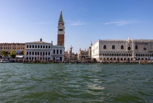 Venice, Italy - September 6, 2022: The Doge's Palace and Piazzetta San Marco seen from Bacino di San Marco. Venice, Italy