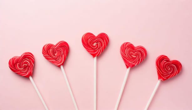 Valentine day concept with red lollipop hearts on pastel pink background top view. Flat lay greeting card..