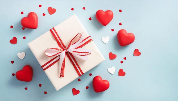 Valentine or mother day festive composition with gift or present box and red hearts on pastel background top view. Flat lay greeting card.