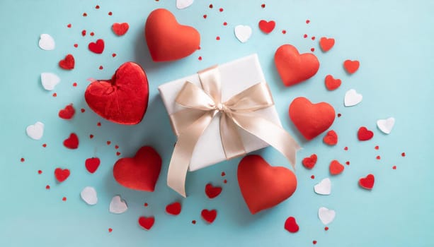 Valentine or mother day festive composition with gift or present box and red hearts on pastel background top view. Flat lay greeting card.