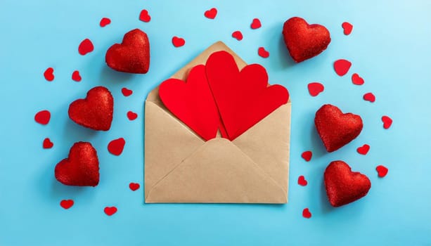 Valentine day greeting concept. Envelope and red hearts on blue background top view. Flat lay.