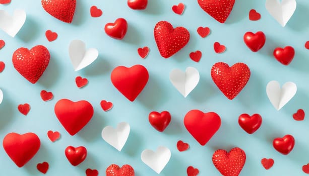 Valentine or Mother day festive pattern from many various red hearts on pastel blue background top view and flat lay. Minimal holiday template for design.