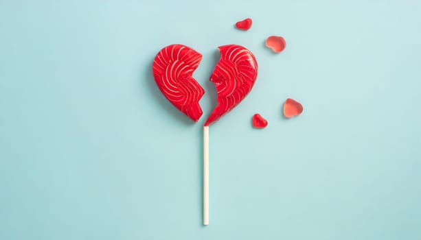 Valentine day concept with broken red lollipop heart on pastel blue background top view. Flat lay greeting card..