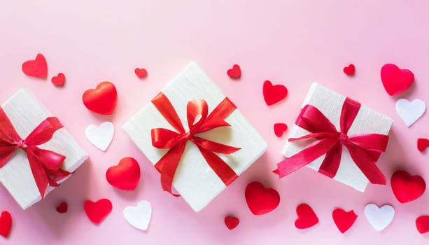 Valentine or mother day festive composition with gift or present box and red hearts on pastel pink background top view. Flat lay greeting card.