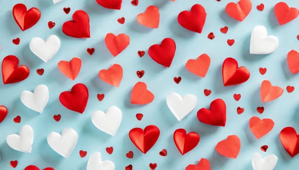 Valentine or Mother day festive pattern from many various red hearts on pastel blue background top view and flat lay. Minimal holiday template for design.