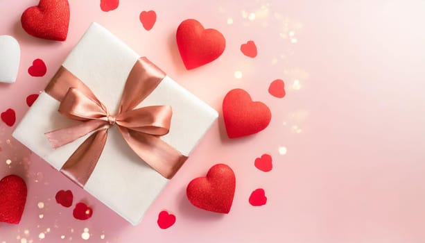 Valentine or mother day festive composition with gift or present box and red hearts on pastel pink background top view. Flat lay greeting card.