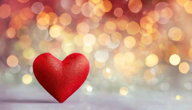 Valentines day composition with red heart against bright bokeh defocused background. Greeting festive card.