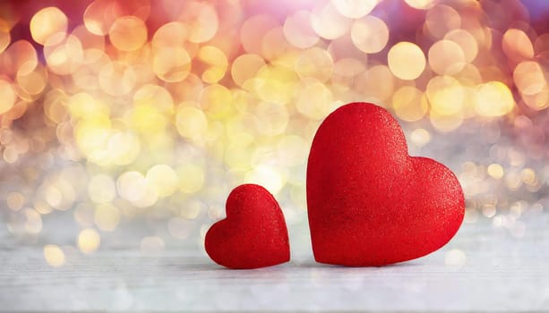 Valentines day composition with red heart against bright bokeh defocused background. Greeting festive card.