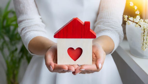 Womans hands holding model of wooden house with red heart for happy family. Real estate, sweet home, housewarming, mortgage and buy new property concept.