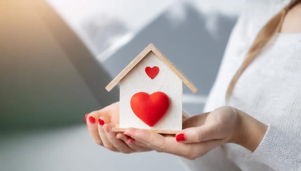 Womans hands holding model of wooden house with red heart for happy family. Real estate, sweet home, housewarming, mortgage and buy new property concept.