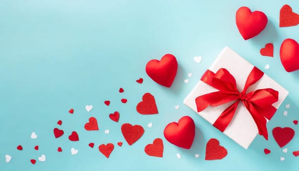 Valentine or mother day festive composition with gift or present box and red hearts on pastel background top view. Flat lay greeting card.