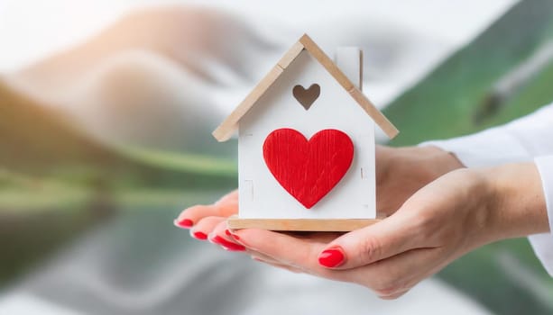 Womans hands holding model of wooden house with red heart for happy family. Real estate, sweet home, housewarming, mortgage and buy new property concept.