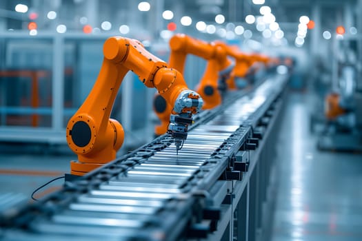 The use of robot arms in intelligent industrial factories. Neural network generated image. Not based on any actual person or scene.