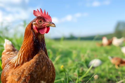 Portrait of hen on the chicken farm, closeup with bokeh. Neural network generated image. Not based on any actual person or scene.