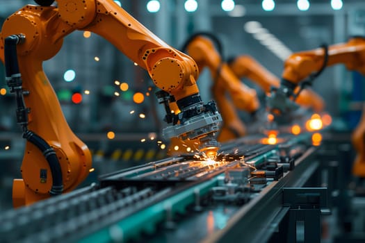 The use of robot arms in intelligent industrial factories. Neural network generated image. Not based on any actual person or scene.