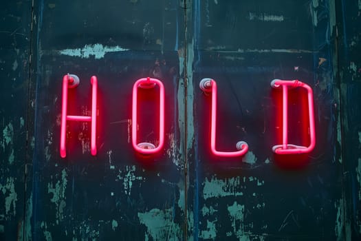 Neon inscription hold on dark shabby wall. Neural network generated image. Not based on any actual scene or pattern.