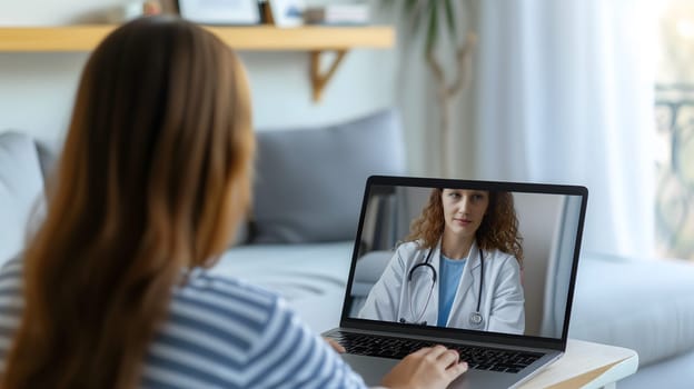 Telemedicine concept. Young lady consulting her doctor on laptop computer, using webcam from home. Neural network generated image. Not based on any actual person or scene.
