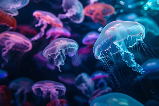 glowing sea jellyfishes on dark background, neural network generated art. Neural network generated in January 2024. Not based on any actual scene or pattern.
