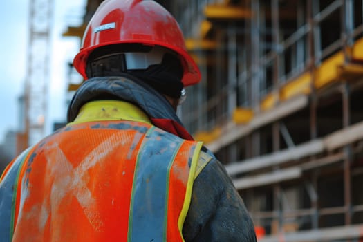 Construction worker with old orange hard hat at construction site for safety concept. Neural network generated image. Not based on any actual scene or pattern.