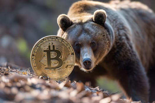 Bear with bitcoin shiner portrait for bearish down trend concept. Neural network generated image. Not based on any actual person or scene.