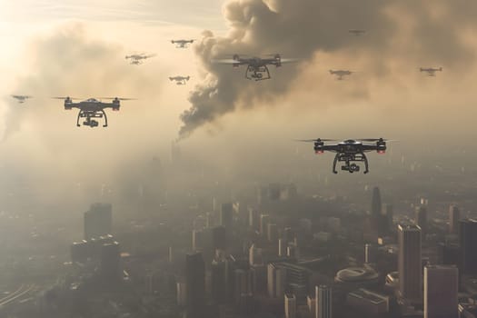 Swarm of drones over burning city. Neural network generated image. Not based on any actual scene or pattern.