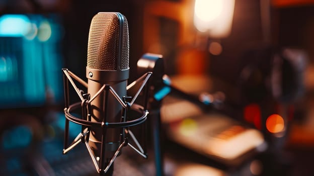 A condenser studio microphone with a shock mount in a music studio, representing the musical concept with asymmetrical composition and copy space. Neural network generated image. Not based on any actual scene or pattern.
