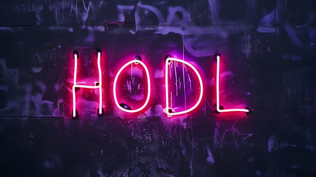 Neon inscription HODL on dark shabby wall. Neural network generated image. Not based on any actual scene or pattern.