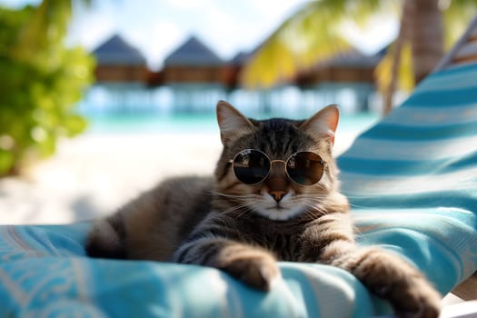 tabby cat with sunglasses laid on tropical beach, vacation theme. Neural network generated image. Not based on any actual person or scene.