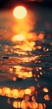 Sunset bokeh on water: golden sky over a body of water, with the light reflecting and creating a bokeh effect.. Neural network generated image. Not based on any actual scene or pattern.
