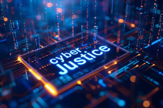 Word cyber justice for cyber law concept. Neural network generated image. Not based on any actual scene or pattern.
