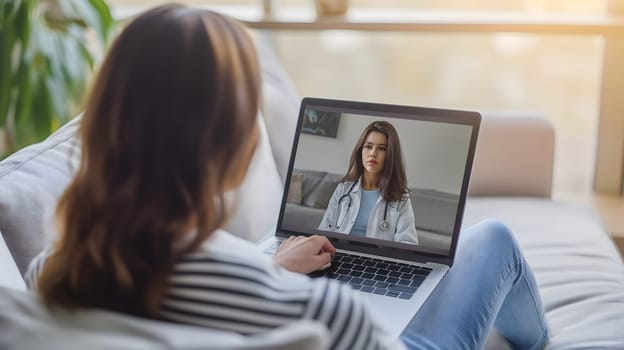 Telemedicine concept. Young lady consulting her doctor on laptop computer, using webcam from home. Neural network generated image. Not based on any actual person or scene.