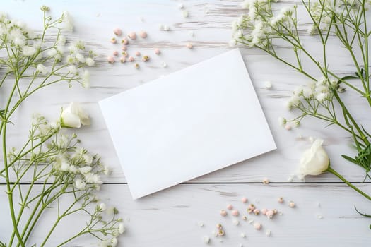 White greeting card with flowers mock up high angle view directly above decoration. Neural network generated image. Not based on any actual scene or pattern.
