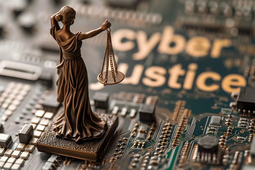 Word cyber justice for cyber law concept. Neural network generated image. Not based on any actual scene or pattern.