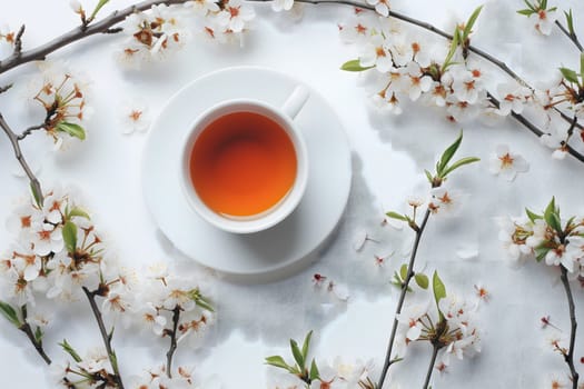 A cup of tea is on top a white table with blossoming floral branches. Neural network generated image. Not based on any actual scene or pattern.