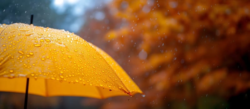 Close up, yellow umbrella under rainfall against a background of autumn leaves. Concept of rainy weather. Neural network generated image. Not based on any actual scene or pattern.