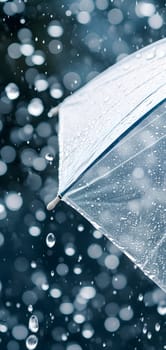 Close up, transparent umbrella under rainfall against a background of water droplets splashing. Concept of rainy weather. Neural network generated image. Not based on any actual scene or pattern.