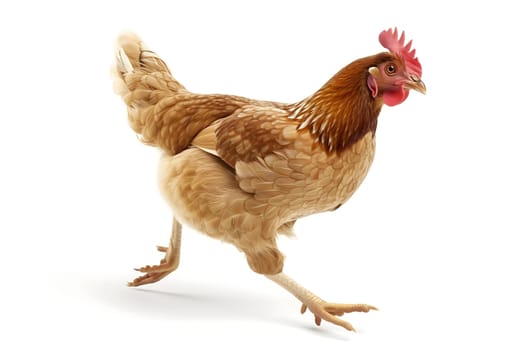 Running chicken hen on white background. Neural network generated image. Not based on any actual scene or pattern.