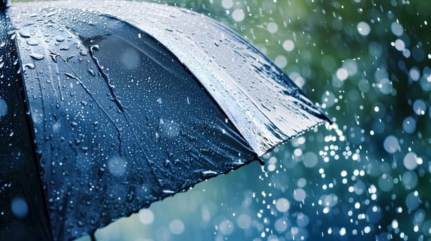 Close up, black umbrella under rainfall against a background of water droplets splashing. Concept of rainy weather. Neural network generated image. Not based on any actual scene or pattern.