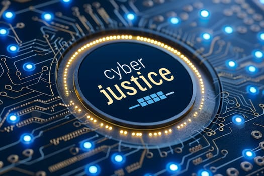 Word cyber justice for cyber law concept. Neural network generated image. Not based on any actual scene or pattern.