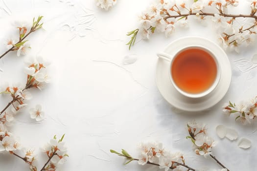 A cup of tea is on top a white table with blossoming floral branches. Neural network generated image. Not based on any actual scene or pattern.