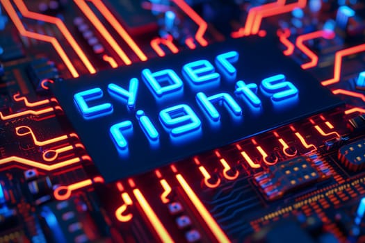 Words cyber rights for cyber law concept. Neural network generated image. Not based on any actual scene or pattern.
