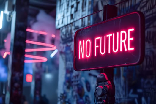 neon sign with words NO FUTURE in dystopian post-AI cyberpunk setting backalley. Neural network generated image. Not based on any actual scene or pattern.