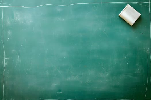 First-class, An empty green chalkboard with an eraser and white chalk, ready for Teacher's Day. Neural network generated image. Not based on any actual scene or pattern.